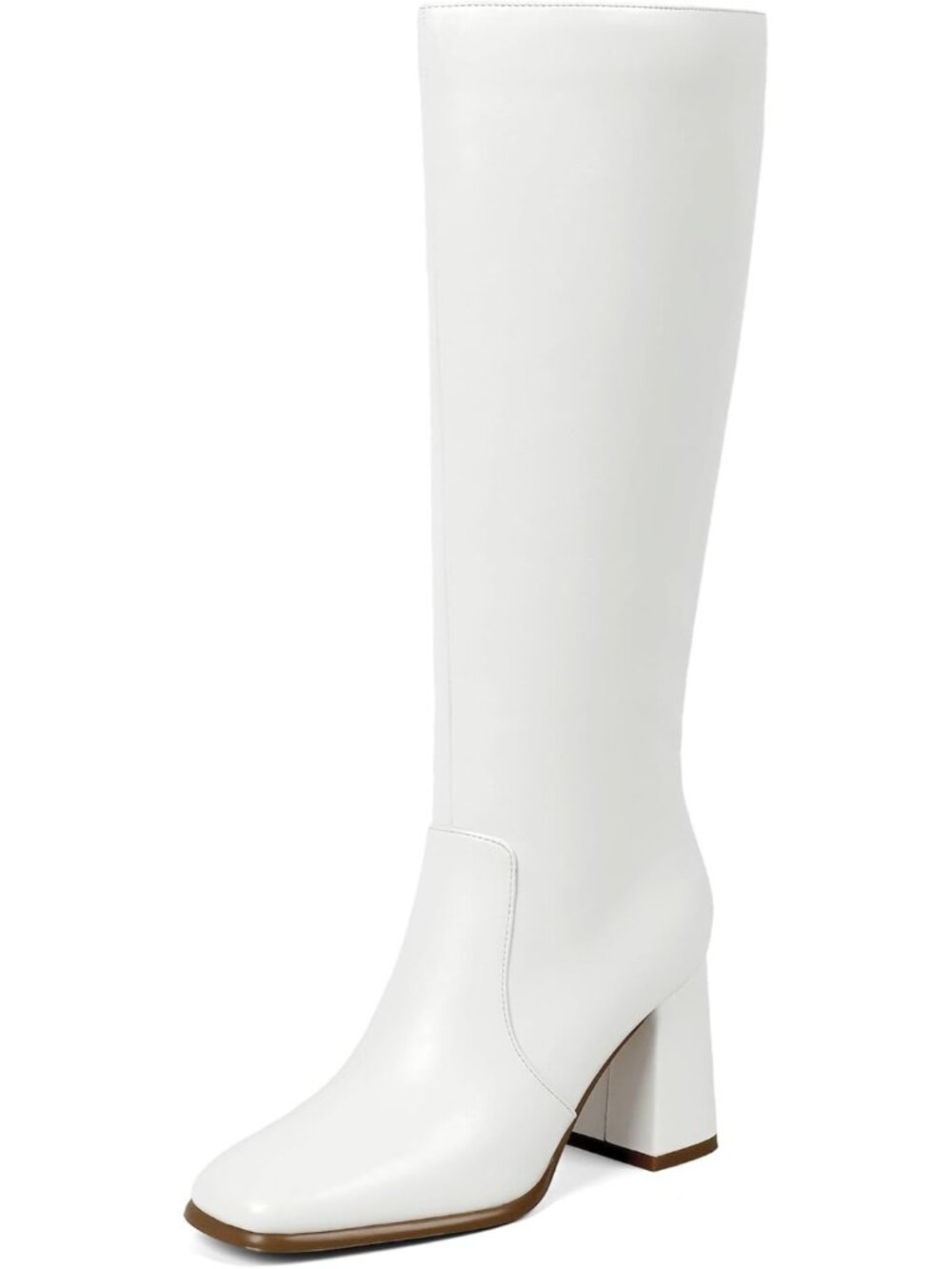Women's White Square Toe Chunky Heel Side Zipper Knee High Tall Gogo Boot Shoes
